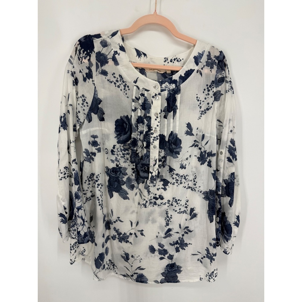 Soft Surroundings Tunic Women Medium White Blue Floral Cotton Roll Tab 2BU68